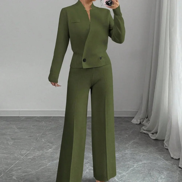 Green Elegant Women's Loose Long Sleeve Crew Neck  Knit Sweater & Suit Pants Set - Picture 1 of 8